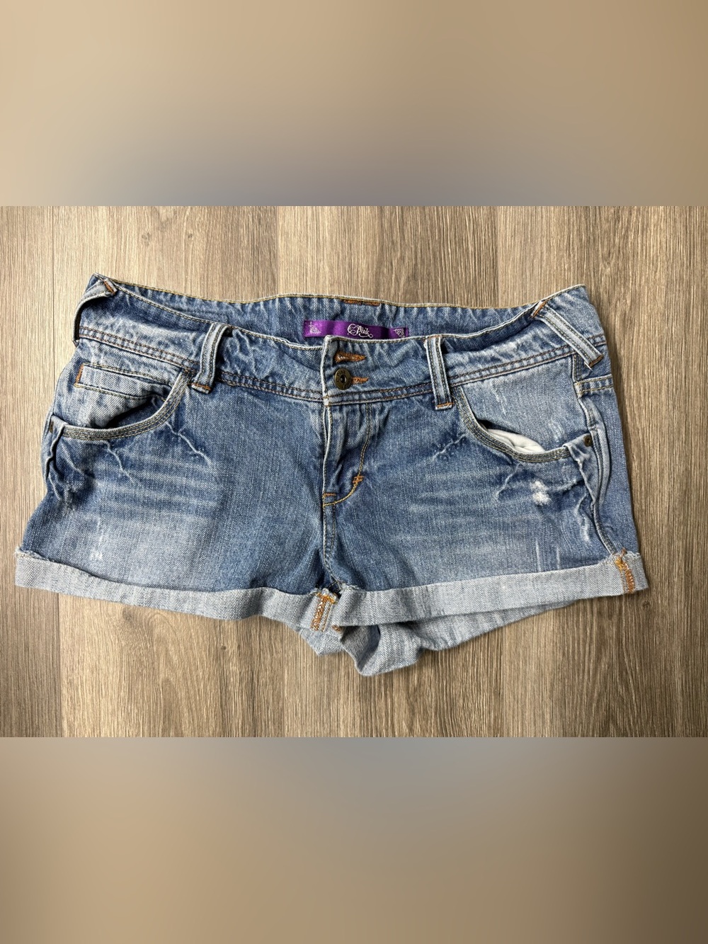 C. Pink Y2K Low Rise Distressed Cuffed Denim Shorts Size 11 Boho Grunge